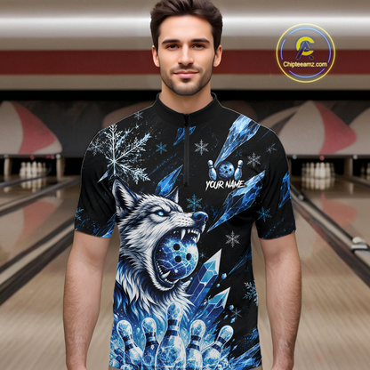 Man wearing a black shirt with a wolf design in a bowling alley
