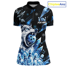 Load image into Gallery viewer, Black polo shirt with blue wolf design and ice crystals on a white background, branded 'ChipteeAmz'.