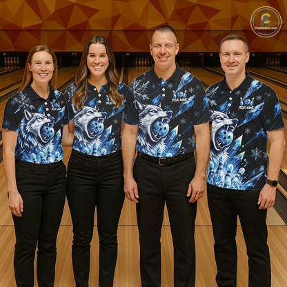 Four people wearing matching blue and black shirts with wolf designs on a bowling alley.