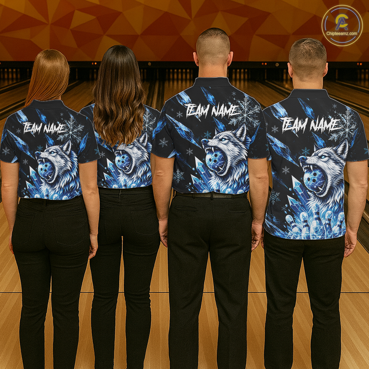 Four people wearing matching shirts with wolf designs and 'Team Name' text on a bowling alley background.