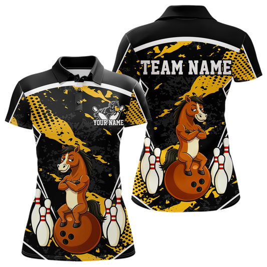 Custom Yellow Funny Horse Bowling Tournament Jersey for Women Bowling Team Shirts Polo & 1/4 Zip HNT180