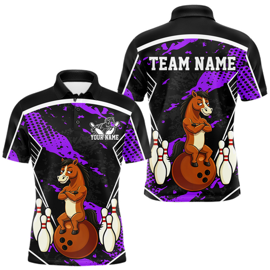 Custom Purple Funny Horse Bowling Tournament Jersey for Men Bowling Team Shirts Polo & 1/4 Zip HNT180