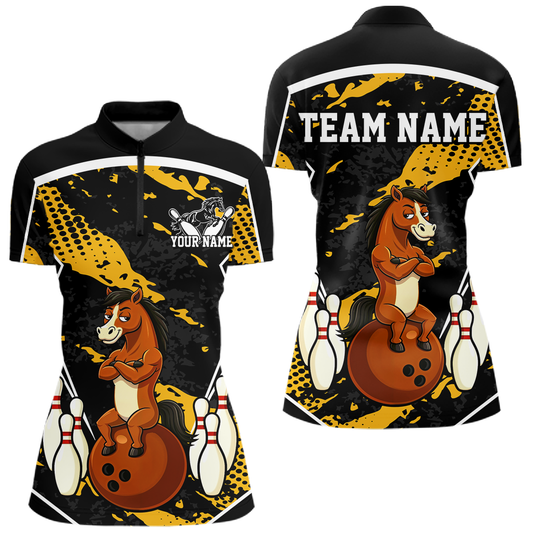 Custom Yellow Funny Horse Bowling Tournament Jersey for Women Bowling Team Shirts Polo & 1/4 Zip HNT180