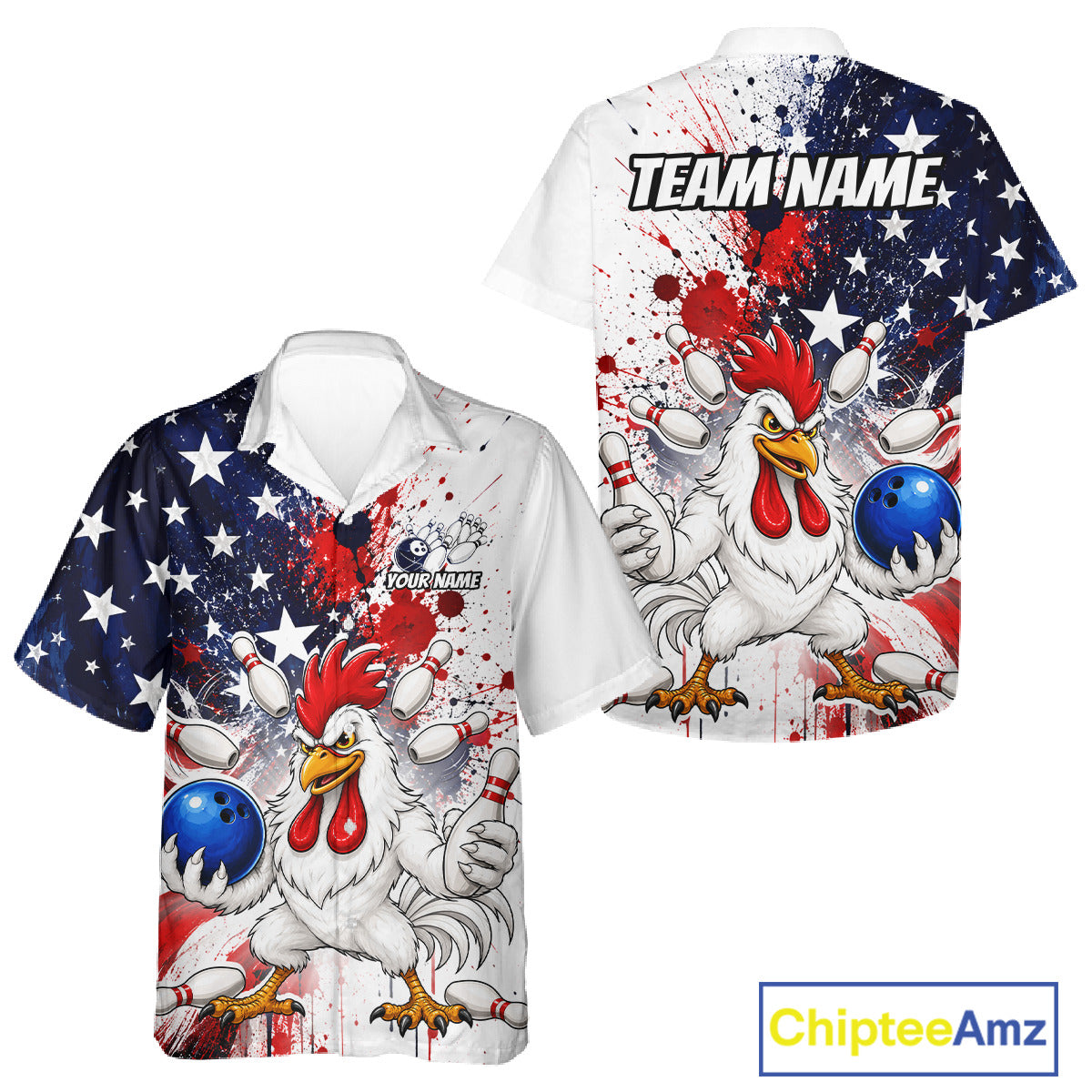 Custom US Flag Angry Chicken Hawaiian Bowling Jersey Bowling Team Shirts Bowling Uniform HNT330