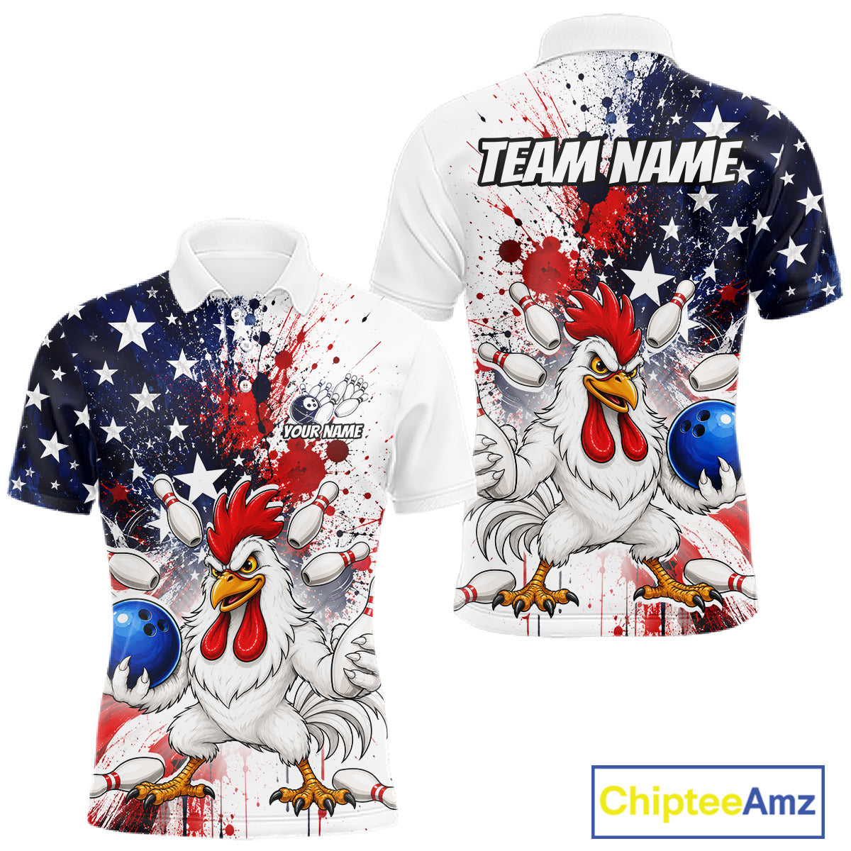 Custom us flag chicken bowling jersey for men, personalized team bowling polo shirt front view and back view 