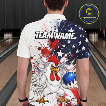 Men’s us flag chicken bowling polo shirt, back view on male model in bowling lane 