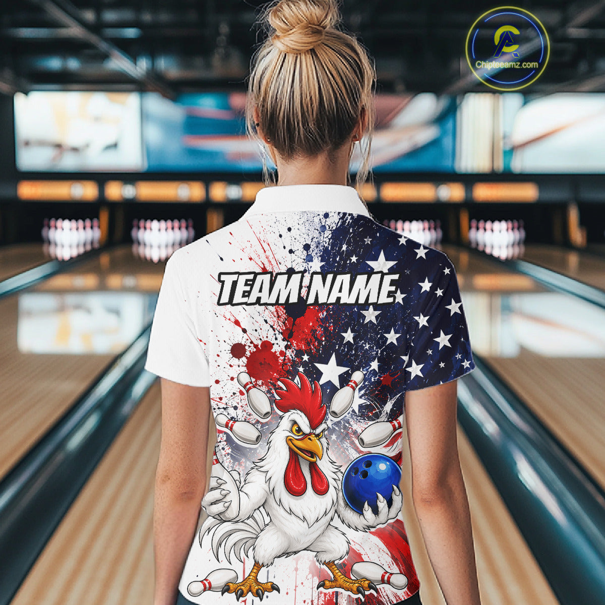 Women’s us flag chicken bowling quarter zip shirt, back view on female model in bowling lane 