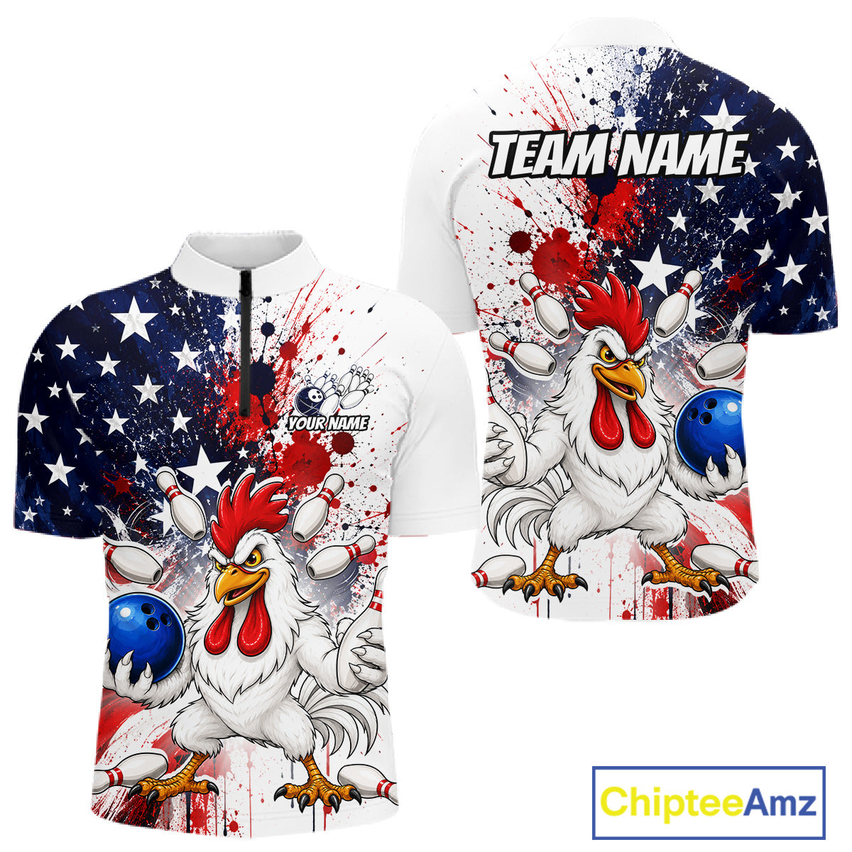 Custom us flag chicken bowling jersey for men, personalized team bowling quarter zip shirt front view and back view 