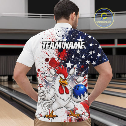 Men’s us flag chicken bowling quarter zip shirt, back view on male model in bowling lane 