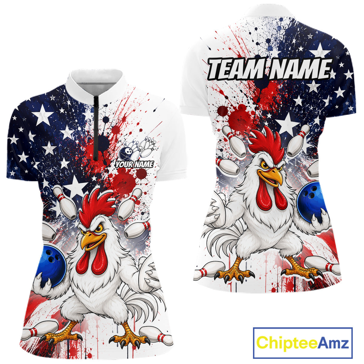 Custom us flag chicken bowling jersey for women, personalized team bowling quarter zip shirt front view and back view