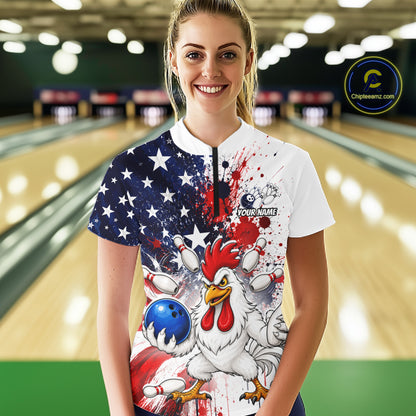 Women’s us flag chicken bowling quarter zip shirt, front view on female model in bowling lane 
