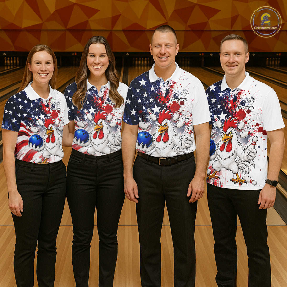 Group of bowlers in us flag chicken team shirts, personalized bowling uniforms front view.