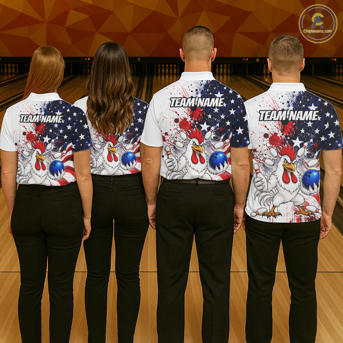 Group of bowlers in us flag chicken team shirts, personalized bowling uniforms back view.