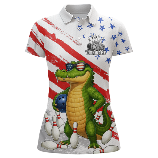 Custom US Flag Funny Alligator Bowling shirts for Women, Crocodile Bowling Team Jerseys HNT206