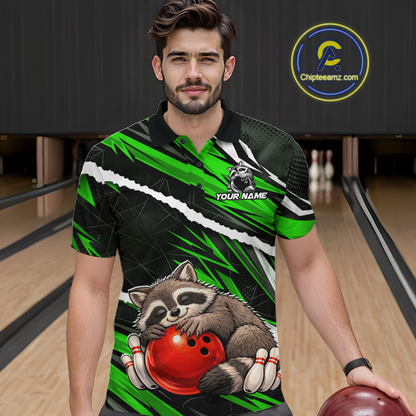 Custom Green Raccoon Funny Bowling Jersey for Men Bowling Team Shirts Polo & 1/4 Zip HNT247