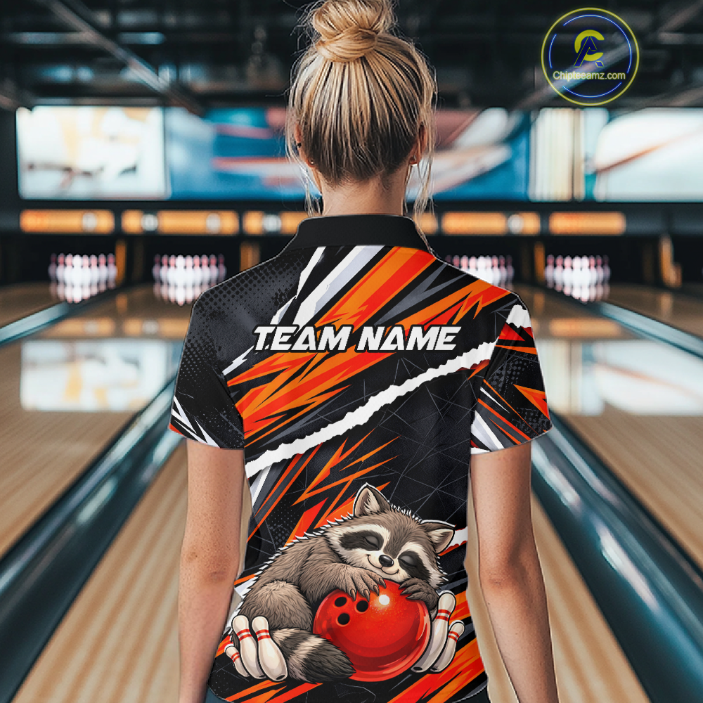 Custom Orange Raccoon Funny Bowling Jersey for Women Bowling Team Shirts Polo & 1/4 Zip HNT247
