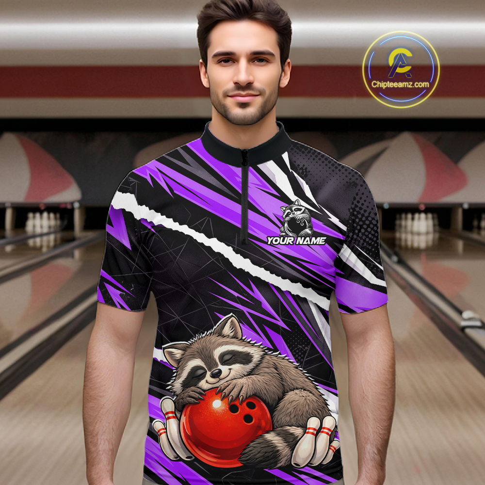 Custom Purple Raccoon Funny Bowling Jersey for Men Bowling Team Shirts Polo & 1/4 Zip HNT247