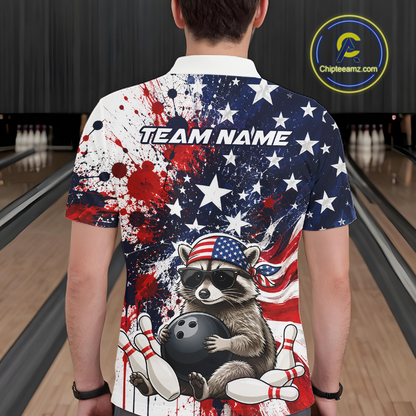 Men’s us flag raccoon bowling polo shirt, back view on male model in bowling lane 