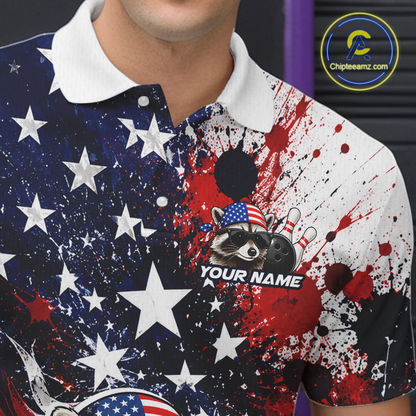 Men’s us flag raccoon bowling polo shirt with custom name, angled front view showing custom team design 
