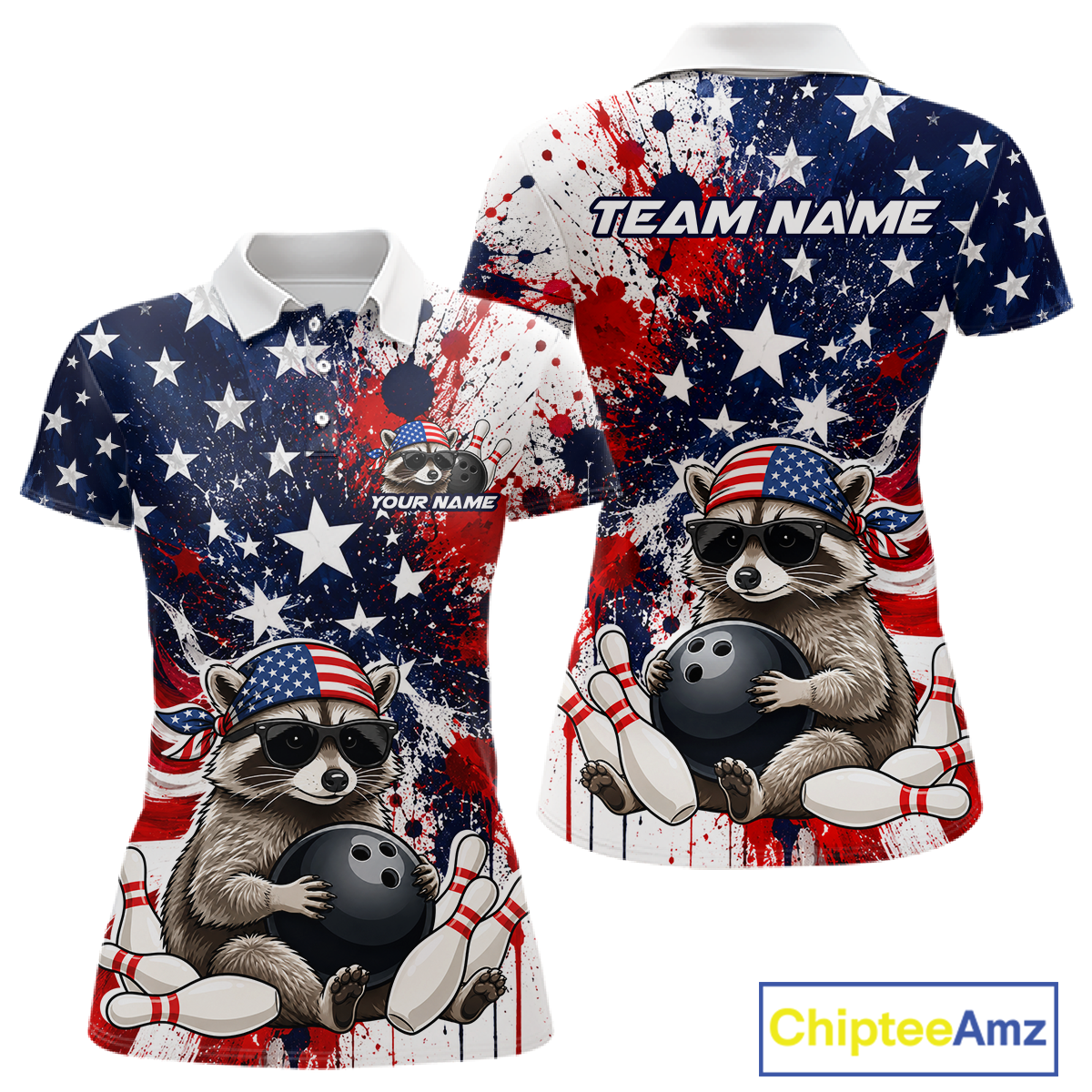 Custom us flag raccoon bowling jersey for women, personalized team bowling polo shirt front view and back view
