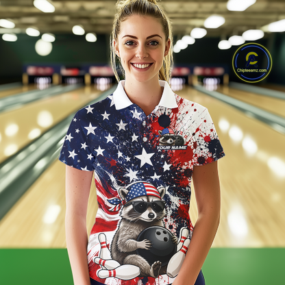 Women’s us flag raccoon bowling polo shirt, front view on female model in bowling lane 