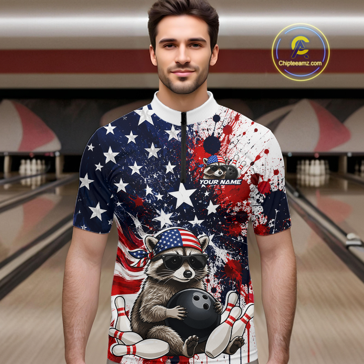 Men’s us flag raccoon bowling quarter zip shirt, front view on male model in bowling lane 