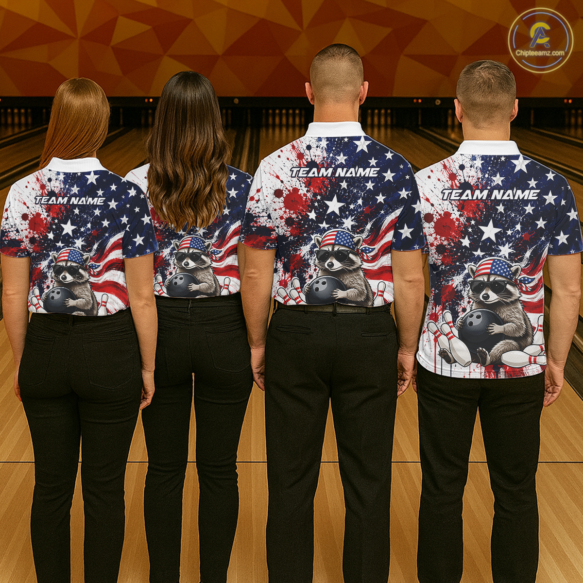 Group of bowlers in us flag raccoon team shirts, personalized bowling uniforms back view.