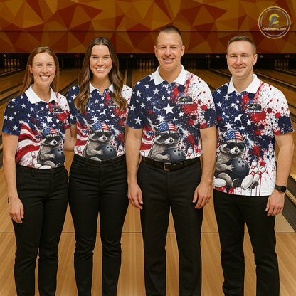 Group of bowlers in us flag raccoon team shirts, personalized bowling uniforms front view.