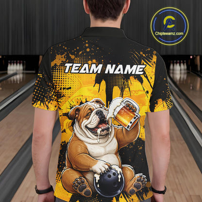 Person wearing a bowling-themed shirt with a bulldog graphic and 'Team Name' text in a bowling alley.