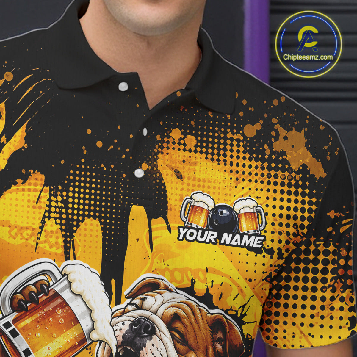 Black and yellow polo shirt with a dog, beer, and bowling ball design, featuring 'Your Name' text.
