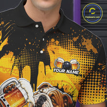 Load image into Gallery viewer, Black and yellow polo shirt with a dog, beer, and bowling ball design, featuring 'Your Name' text.