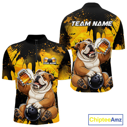 Bulldog-themed shirt with 'Team Name' and 'Your Name' text, featuring a bulldog holding a beer mug and bowling ball.