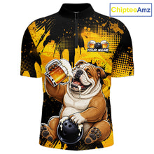 Load image into Gallery viewer, Bulldog holding a beer mug with a yellow and black design on a shirt, featuring the brand 'ChipteeAmz'.