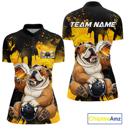 Polo shirt with bulldog design and 'Team Name' text on a yellow and black background, featuring the brand 'Chiptee Amz'.