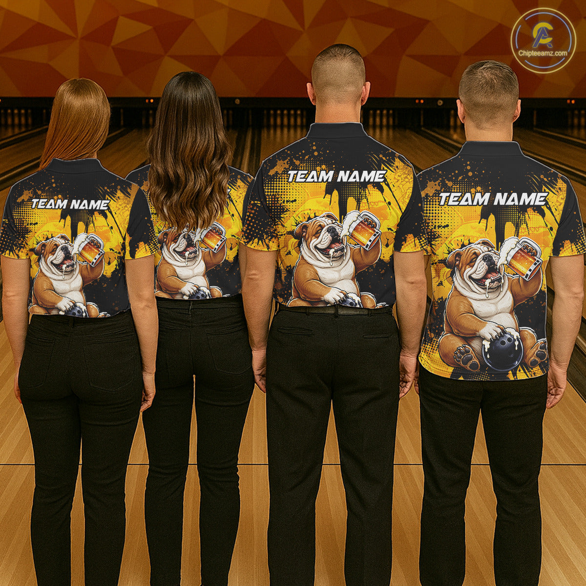 Four people wearing bowling shirts with bulldog graphics and 'Team Name' text on a bowling alley background.