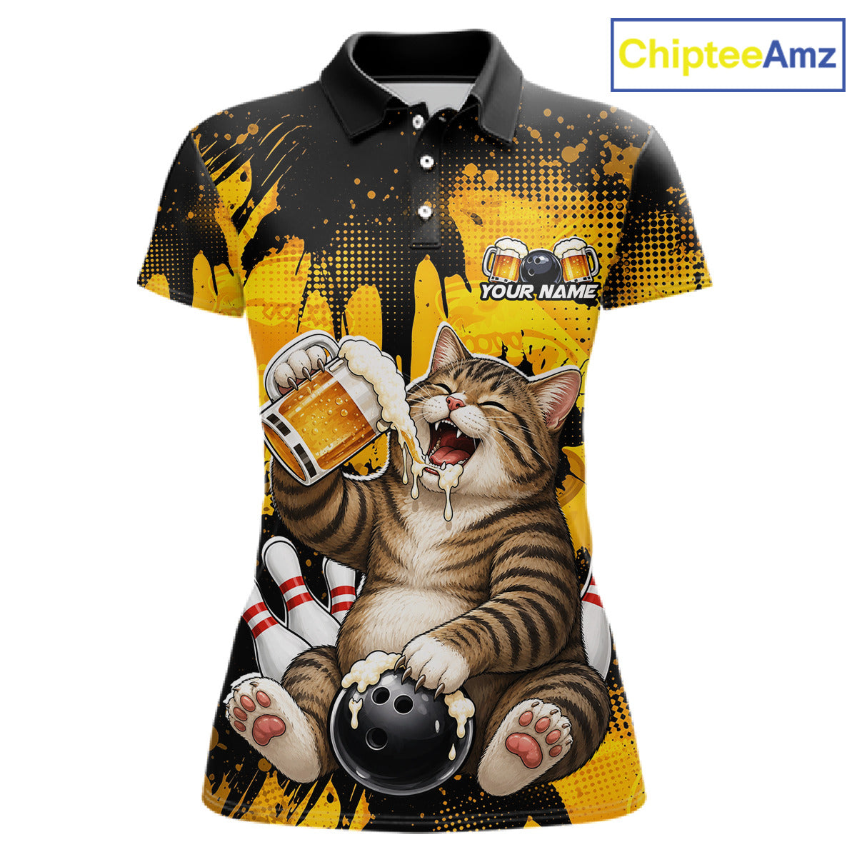 Polo shirt with a cat bowling and drinking beer design, brand 'ChipteeAmz' visible.