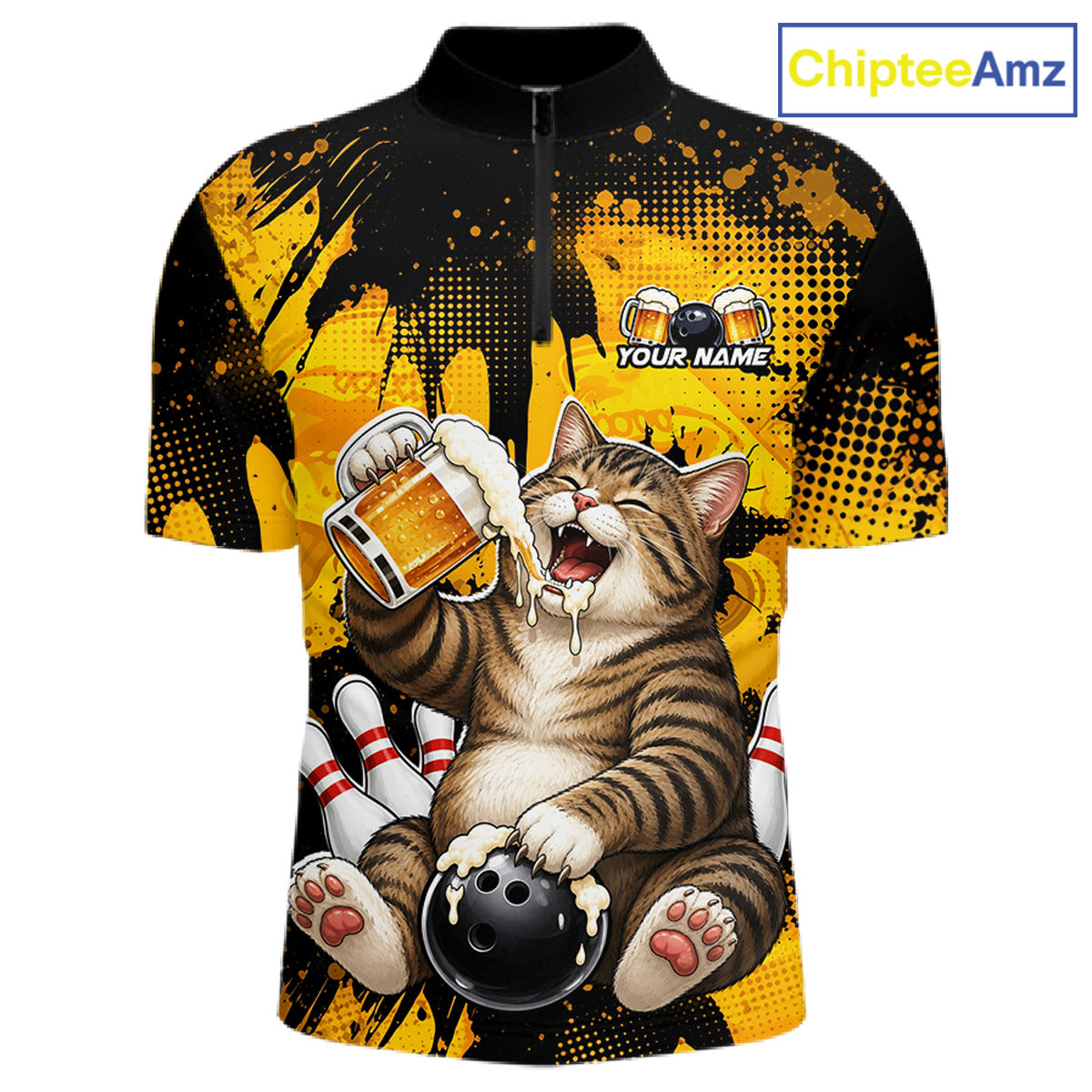 Cycling jersey with a cat holding a beer and bowling ball design, branded 'ChipteeAmz'.
