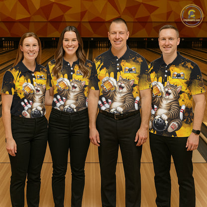 Four people wearing matching bowling-themed shirts with cats and beer graphics in a bowling alley.