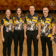 Load image into Gallery viewer, Four people wearing matching bowling-themed shirts with cats and beer graphics in a bowling alley.