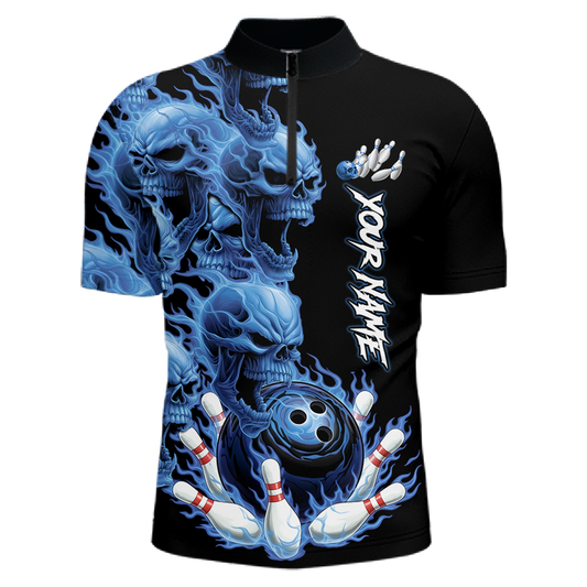 Custom Flame Skull Bowling Jerseys for Men Bowling League Polo & 1/4 Zip Bowling Team Shirts HNT203