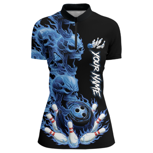 Custom Flame Skull Bowling Jerseys for Women Bowling League Polo & 1/4 Zip Bowling Team Shirts HNT203
