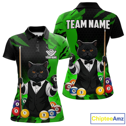 Custom Black Cat 8 Ball Pool Shirts Green Billiard Shirt for Women Billiard Team Jersey Billiard Gift NNT181