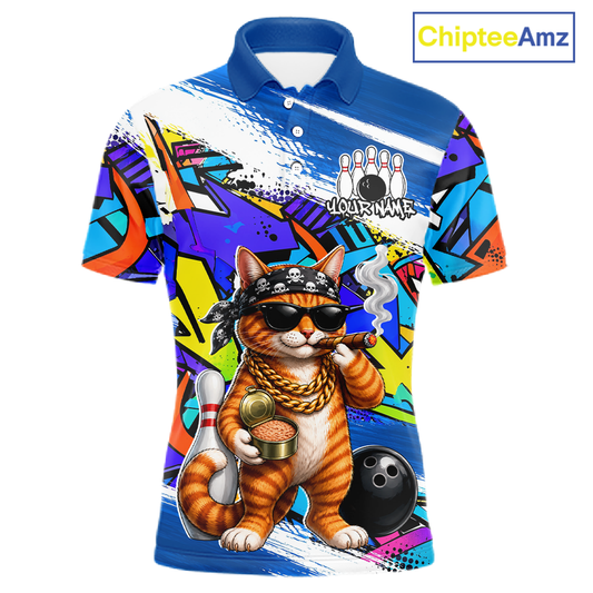 Colorful polo shirt with a cat graphic and 'Chiptee Amz' branding.