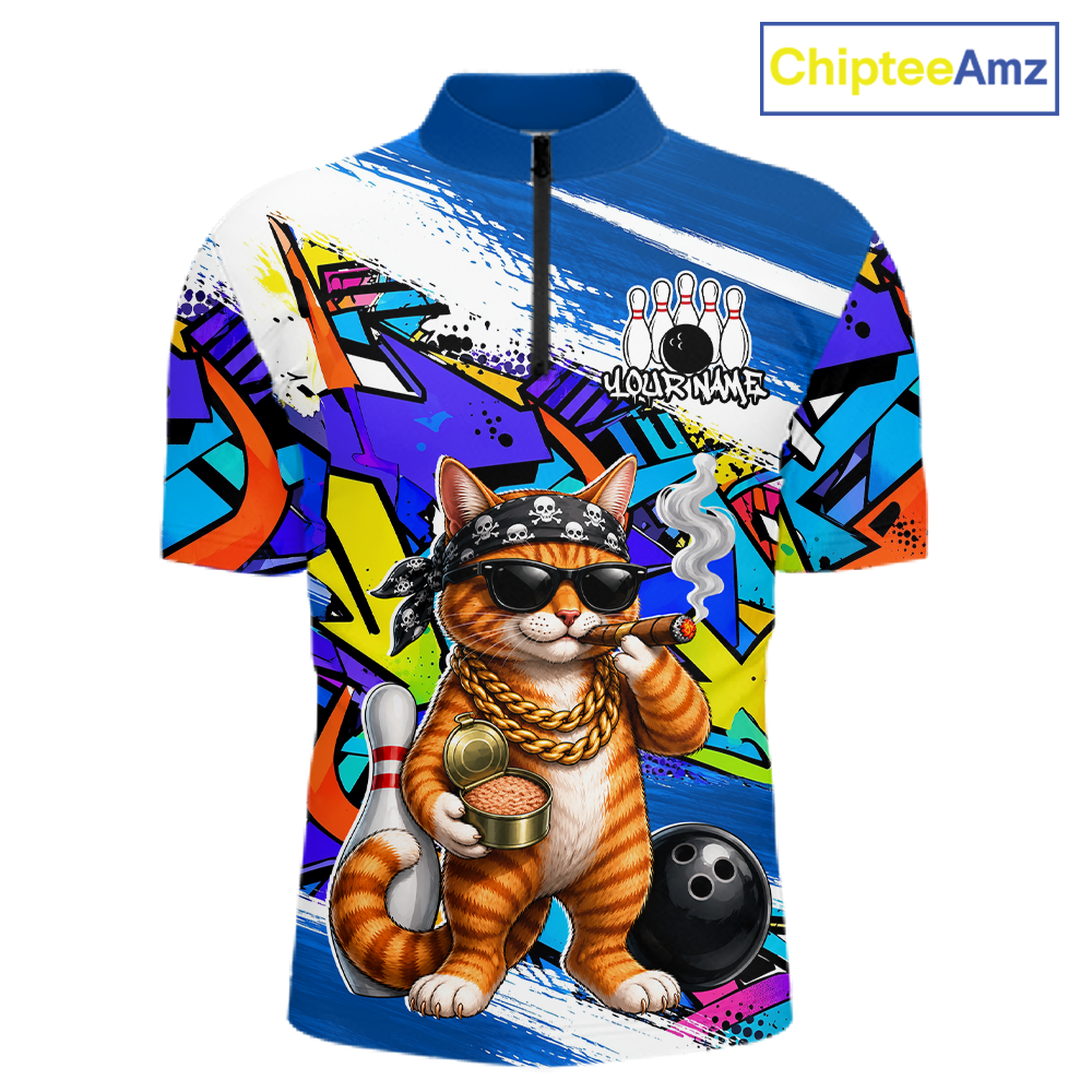 Colorful bowling jersey with a cat graphic and 'Chiptee Amz' branding.