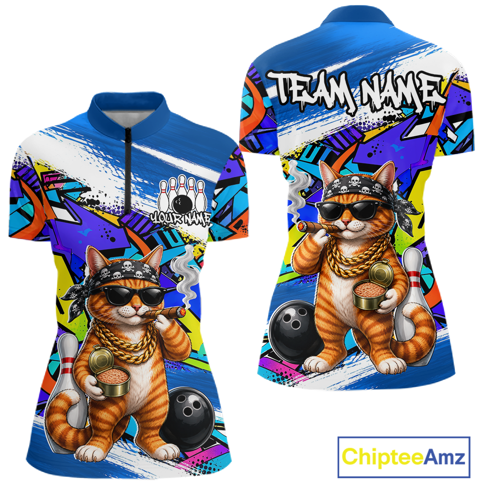 Women quarter zip colorful a funny cat design and 'Chiptee Amz' branding.