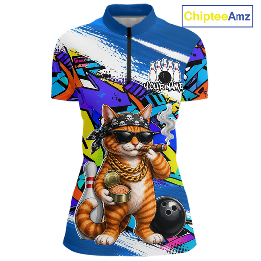 Women quarter zip Colorful shirt with a cat graphic and bowling elements, branded 'ChipteeAmz'.