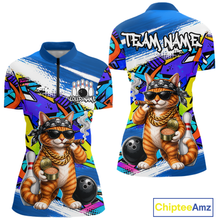 Load image into Gallery viewer, Women quarter zip colorful a funny cat design and 'Chiptee Amz' branding.