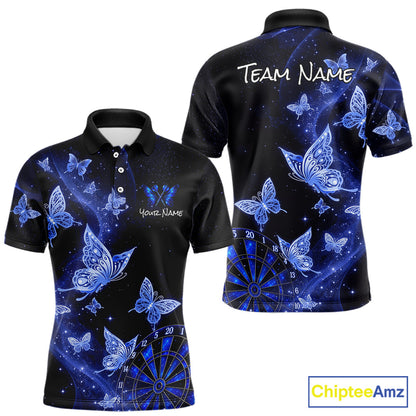Custom short-sleeve polo shirt shown from front and back on a white background. The shirt features a black base with a blue cosmic pattern of stars, glowing butterflies, and a blue dartboard design.