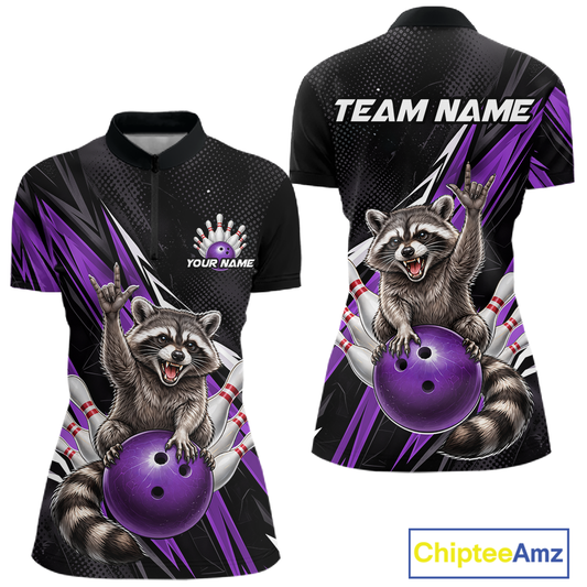 Custom Purple Raccoon Bowling Jersey for Women Bowling Team Shirts Bowling Polo & 1/4 Zip HNT254