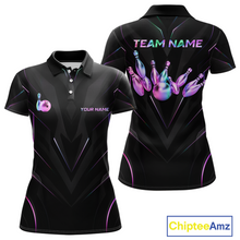 Load image into Gallery viewer, Black bowling-themed polo shirt with colorful graphics and 'Team Name' text on a white background.